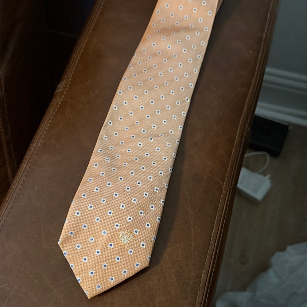 Versace Peach Silk Tie with Micro Square Motif